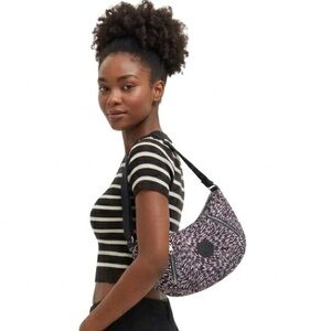 Kipling NEW NIKKI 90s Small Shoulder Hobo Bag Crescent Nylon Print Adjust Straps